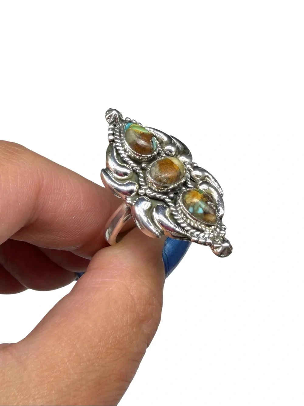 Royston Turquoise Ring Solid 925 Sterling Silver Adjustable Size 8 - 10.5